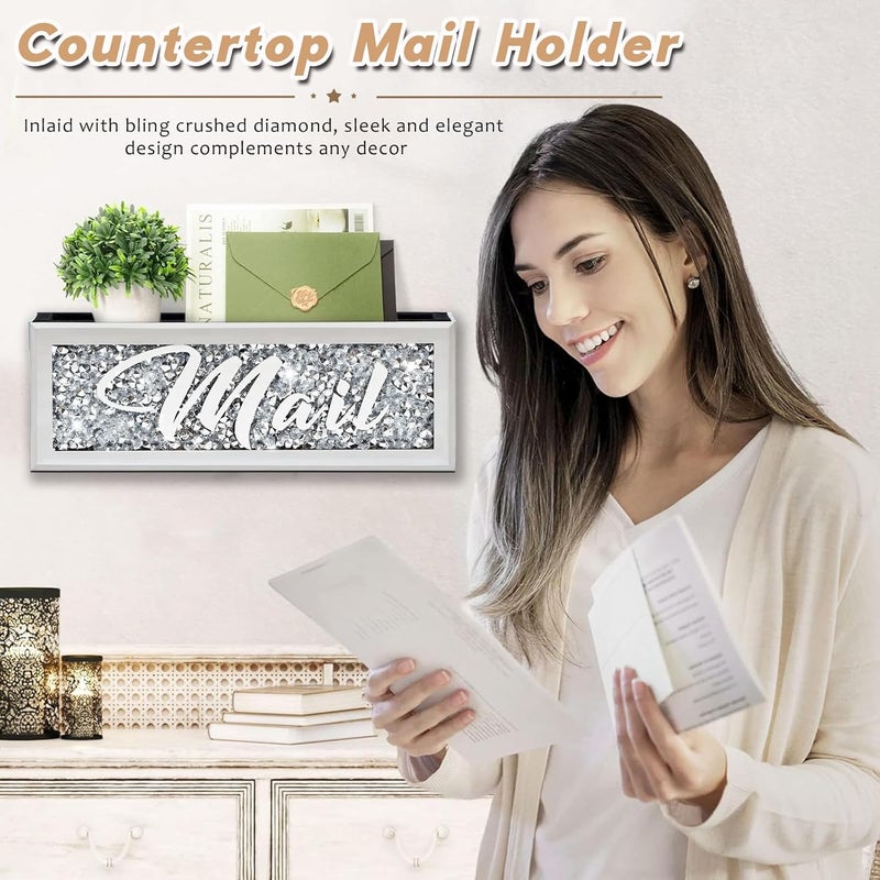 WALTSOM Crushed Diamond Mail Organizer, Crystal Mail Organizer Countertop, Mirror Letter Holder, Mail Tray, Mail Holder Box for Desk, Mail Holder for Wall - Image 2